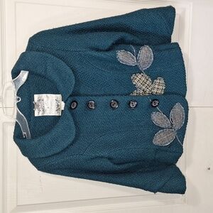 Nick & Mo Wool Blend Bouclé Jacket - Embroidered Leaf Appliqué - Teal - S